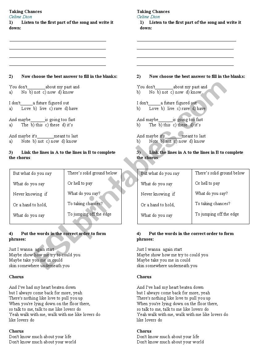 Taking Chances worksheet