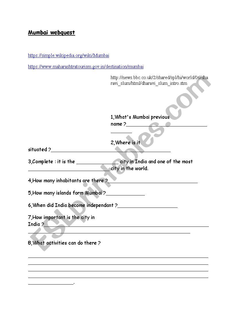 Mumbai webquest worksheet