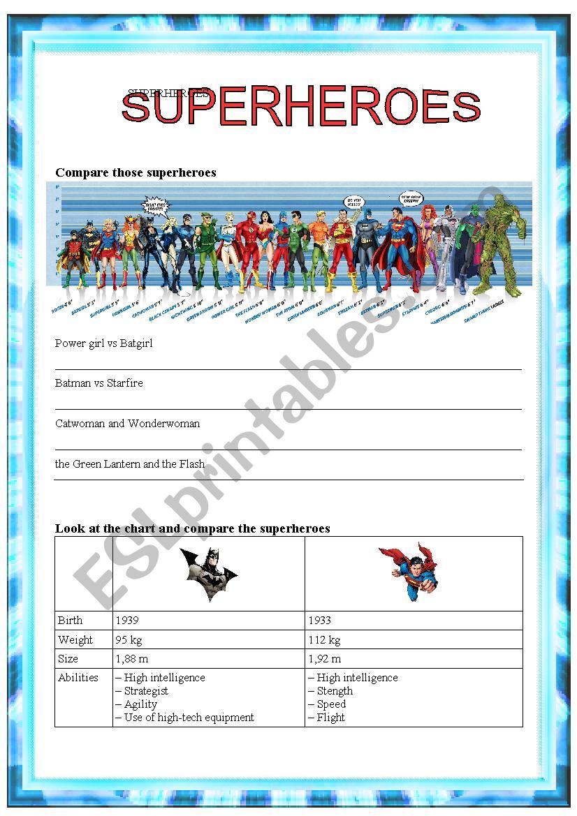 Superheroes comparison worksheet