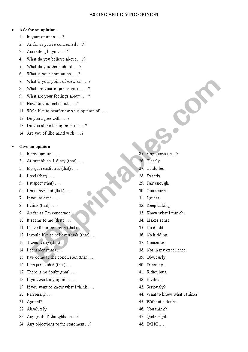 Asking and Giving opinion worksheet