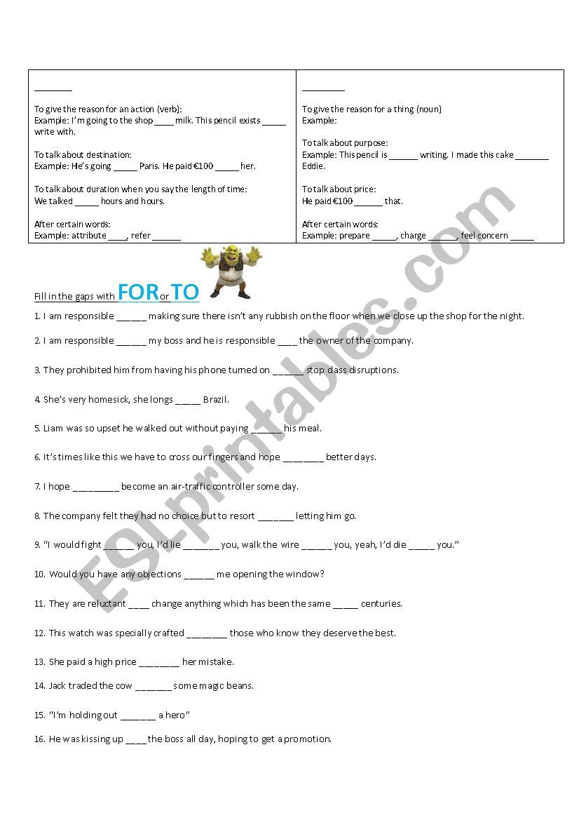 For vs. To - Prepositions worksheet