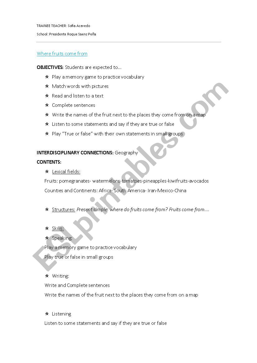 Where fruit come from worksheet