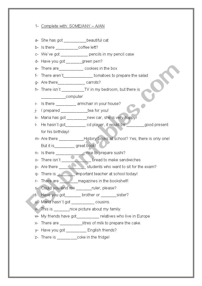 Some/Any - A/An worksheet