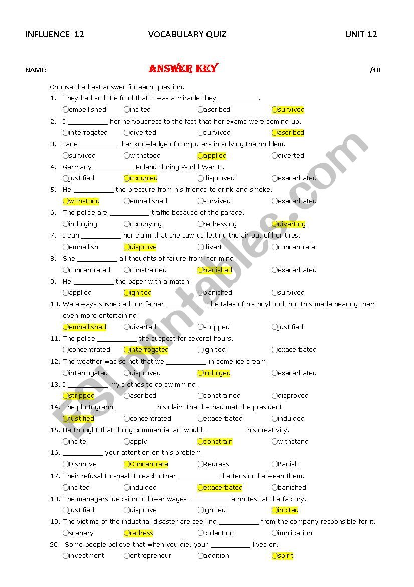 Influence 12 Unit 12 Vocabulary Quiz