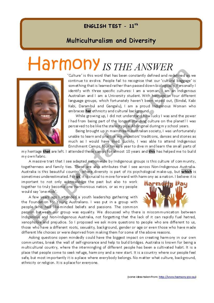 Test - Harmony is the answer worksheet