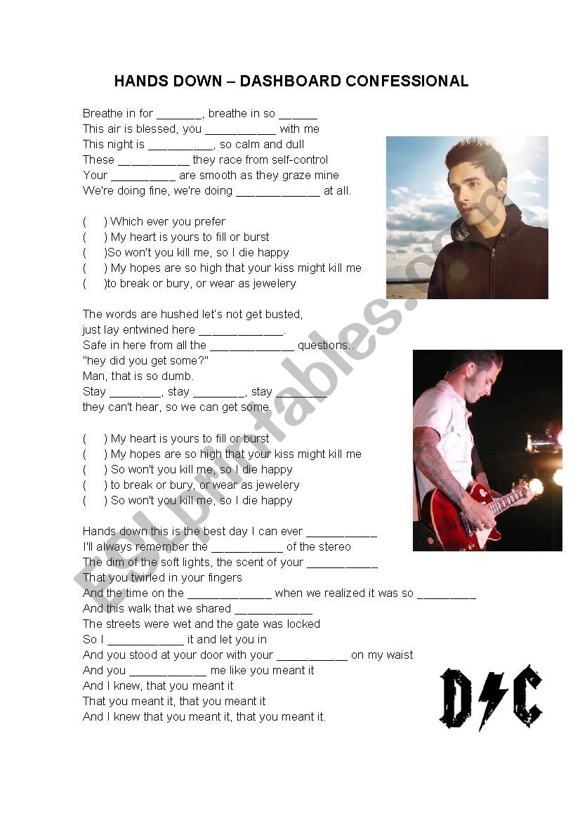 HANDS DOWN DASHBOARD CONFESSIONAL ESL worksheet by rachelstrehle
