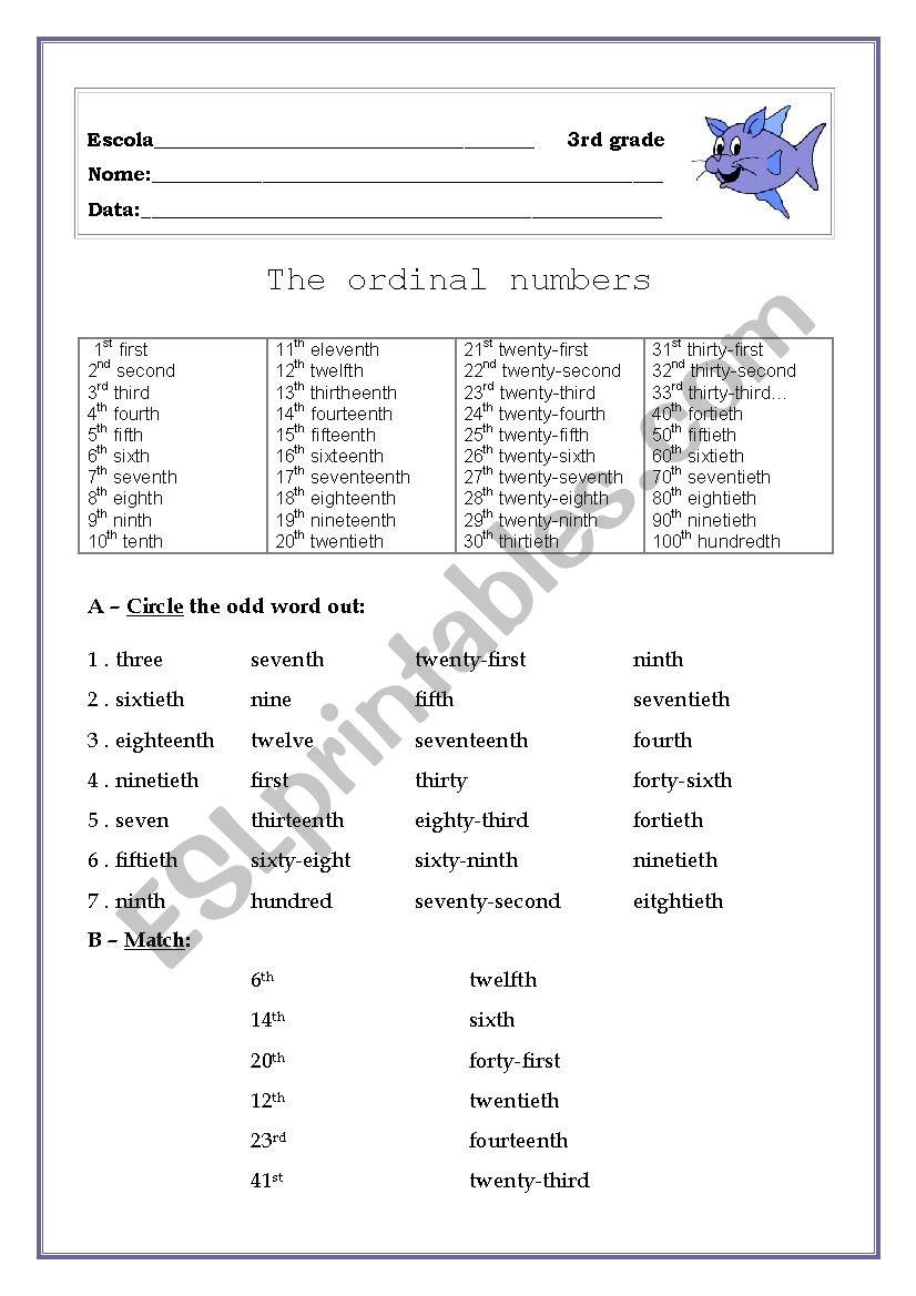 Ordinal numbers worksheet