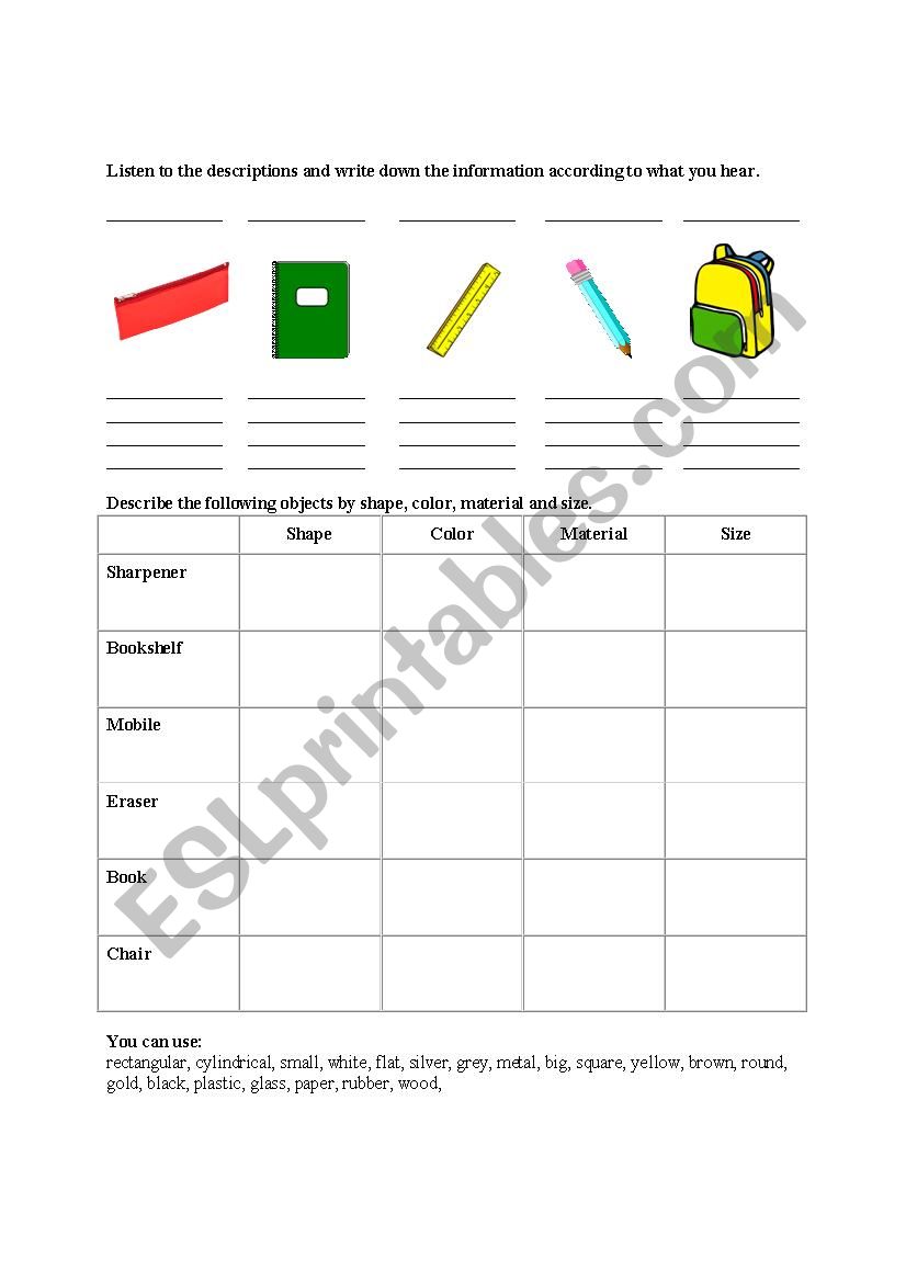 Describing Objects worksheet