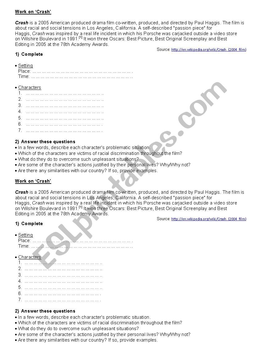 Crash - Study guide worksheet