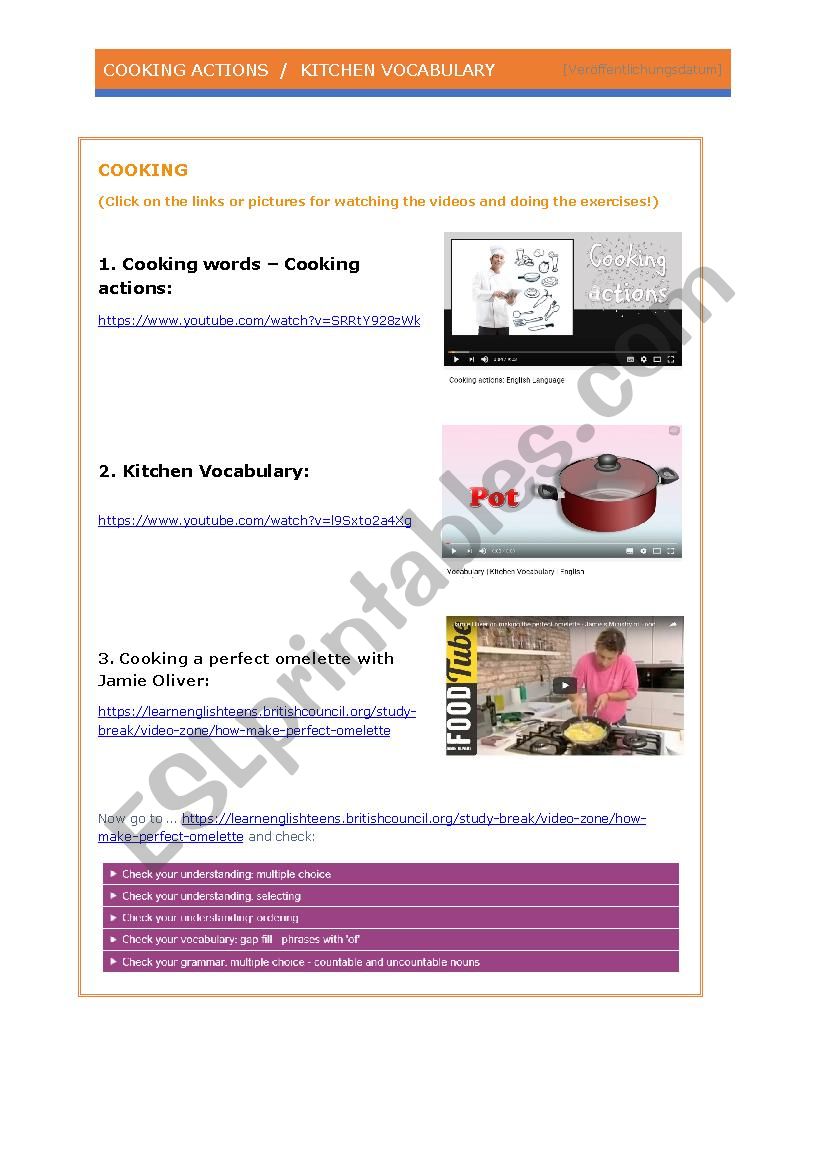 COOKING VIDEOS worksheet