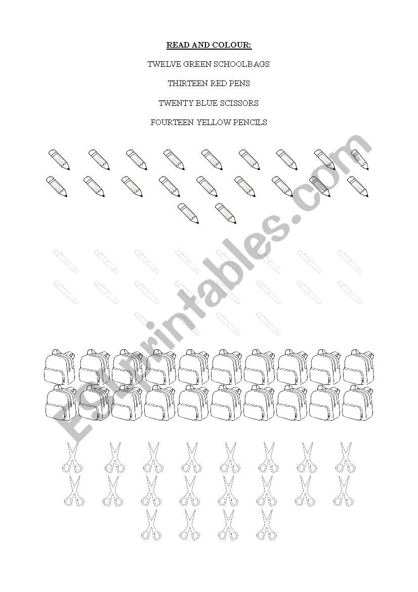 SCHOOL OBJECTS AND NUMBERS worksheet