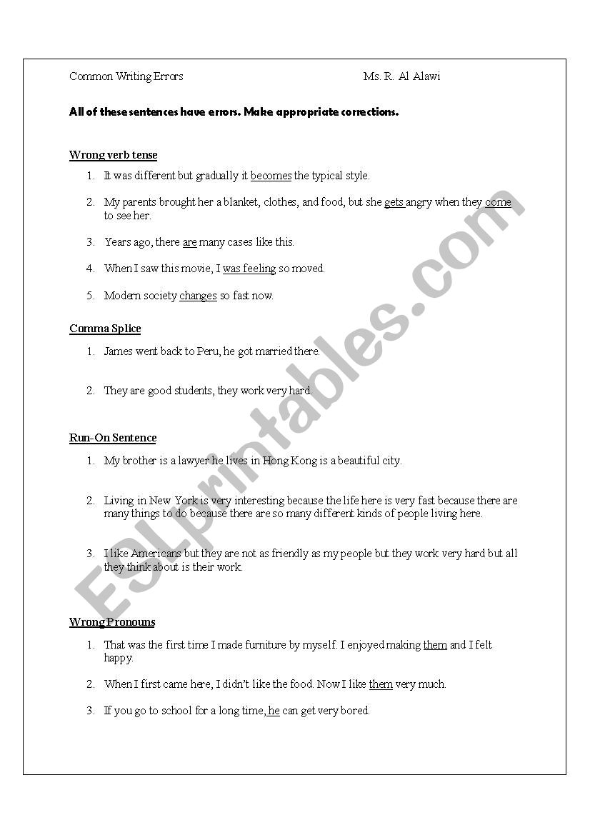 Common errors in writing worksheet