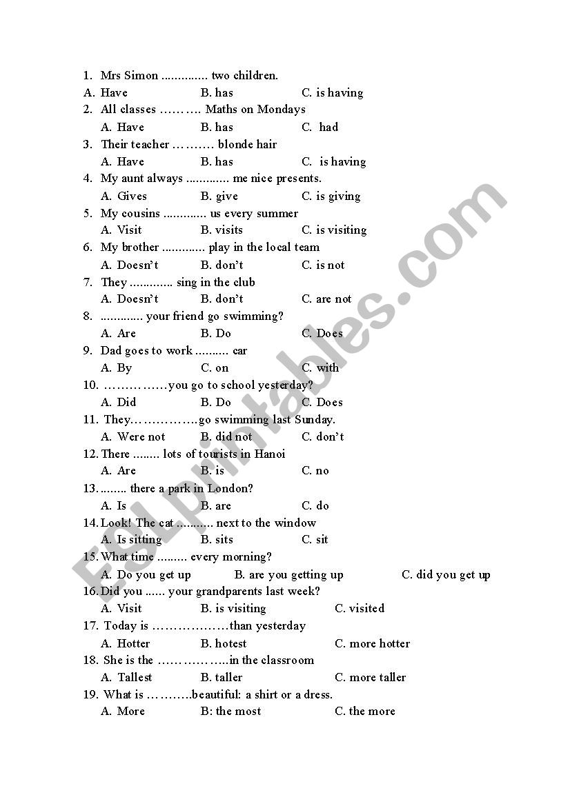 Multiple choice test for grade 4