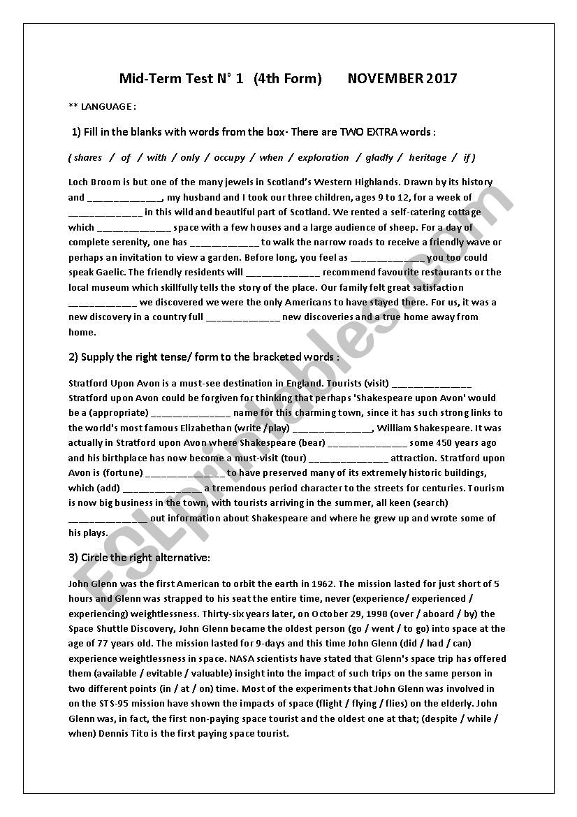 Unit 1 -Exercices - 4th form ( Tunisian Syllabus )