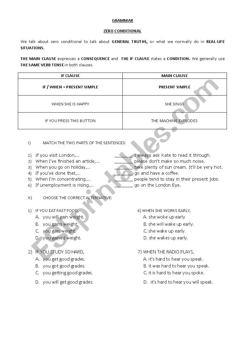 Zero Conditional worksheet