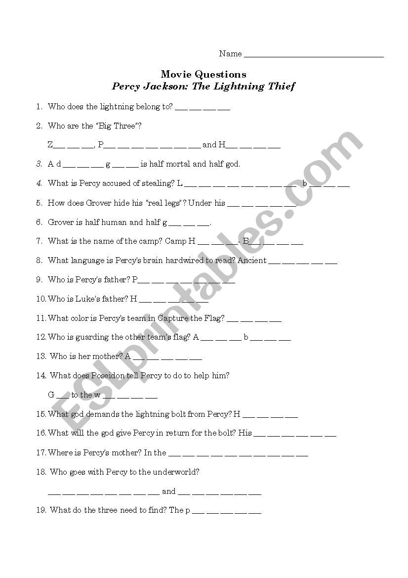 Percy Jackson and the Lightning Thief Worksheet