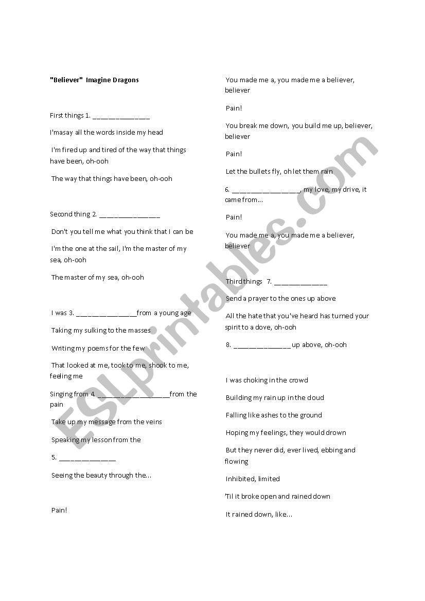 Believer - Imagine Dragons worksheet