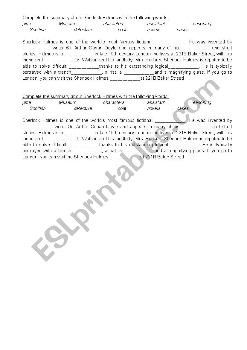 Summary Sherlock Holmes worksheet