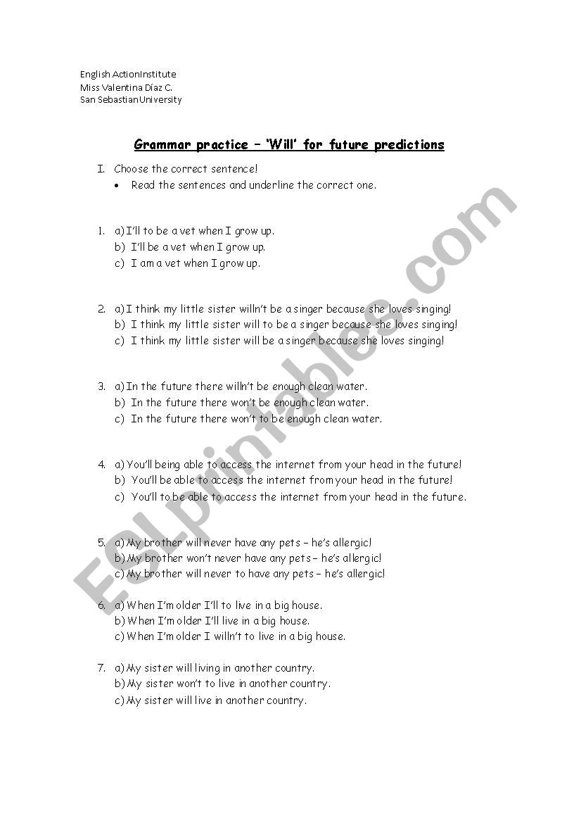 Future will worksheet