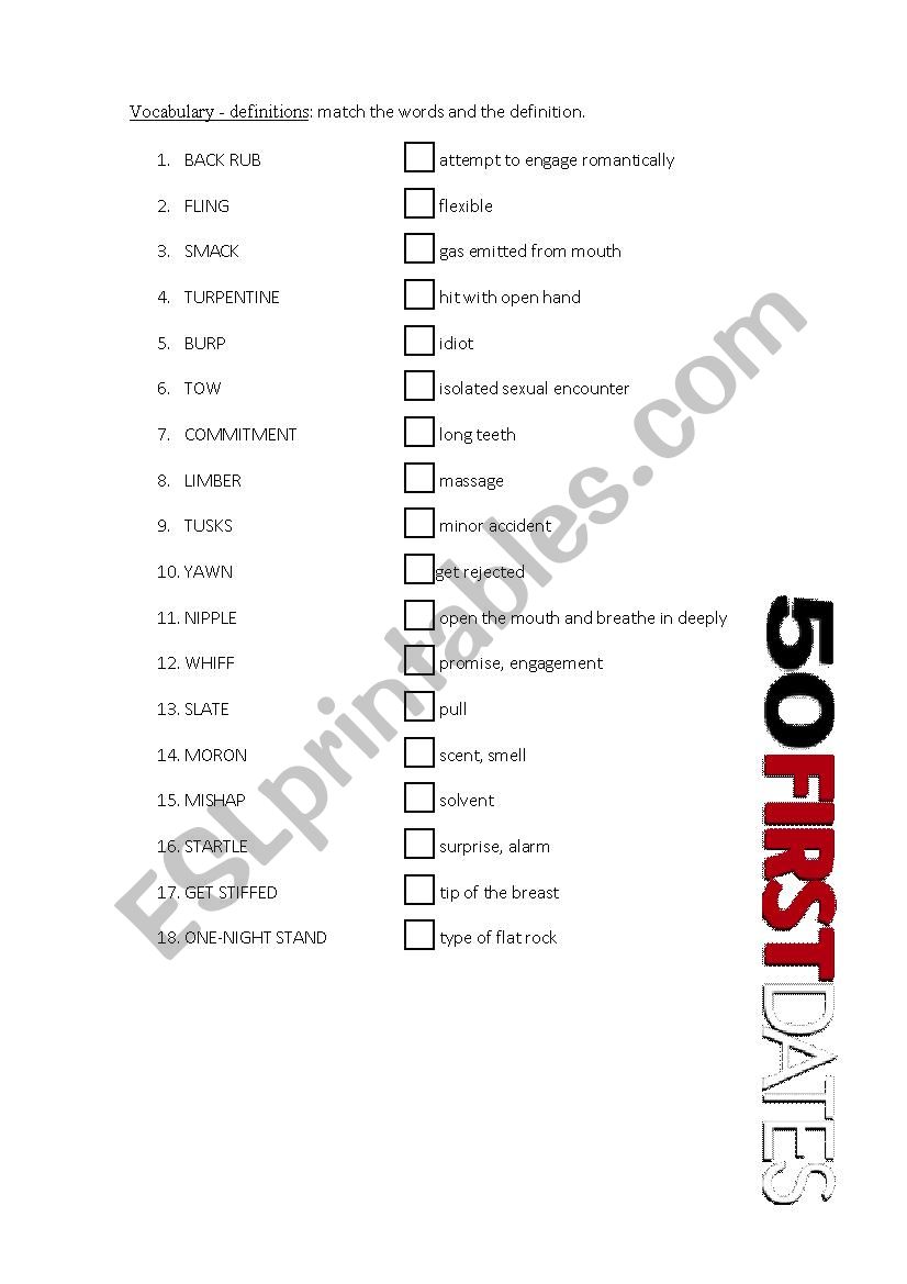 50 first dates (vocabulary) worksheet