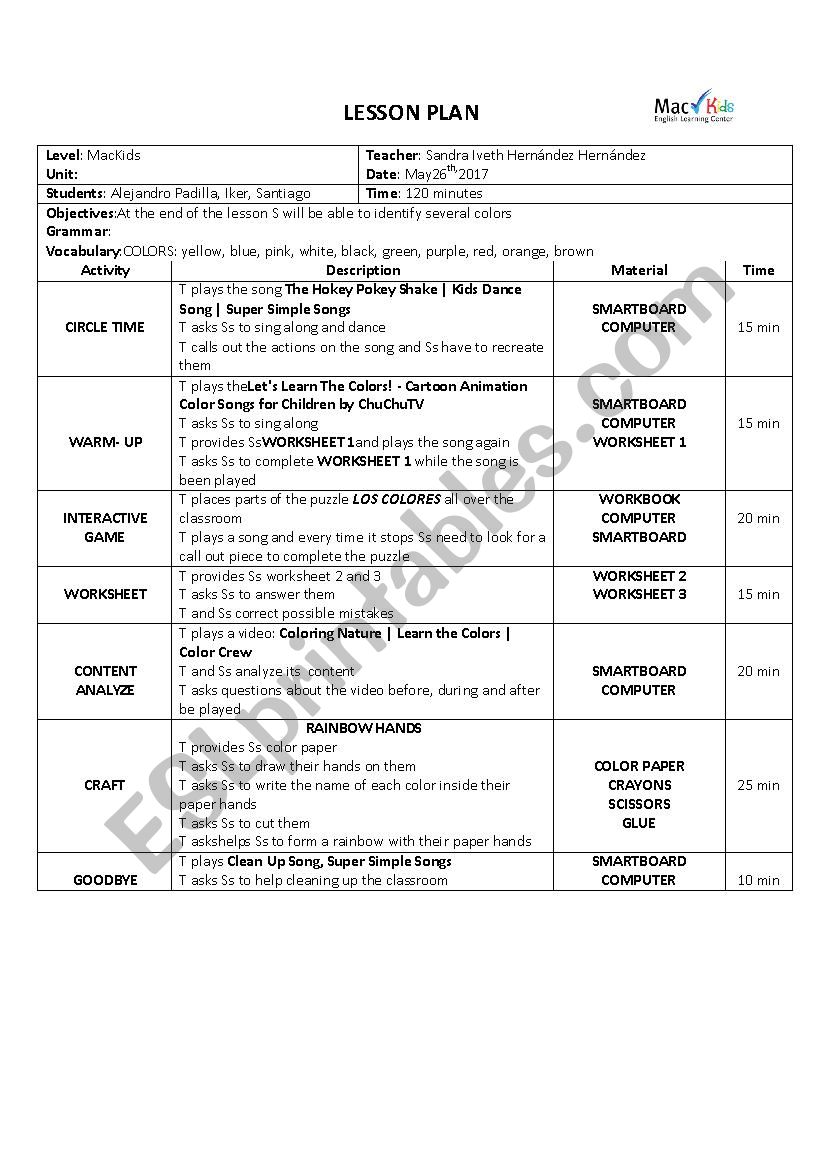 COLORS worksheet