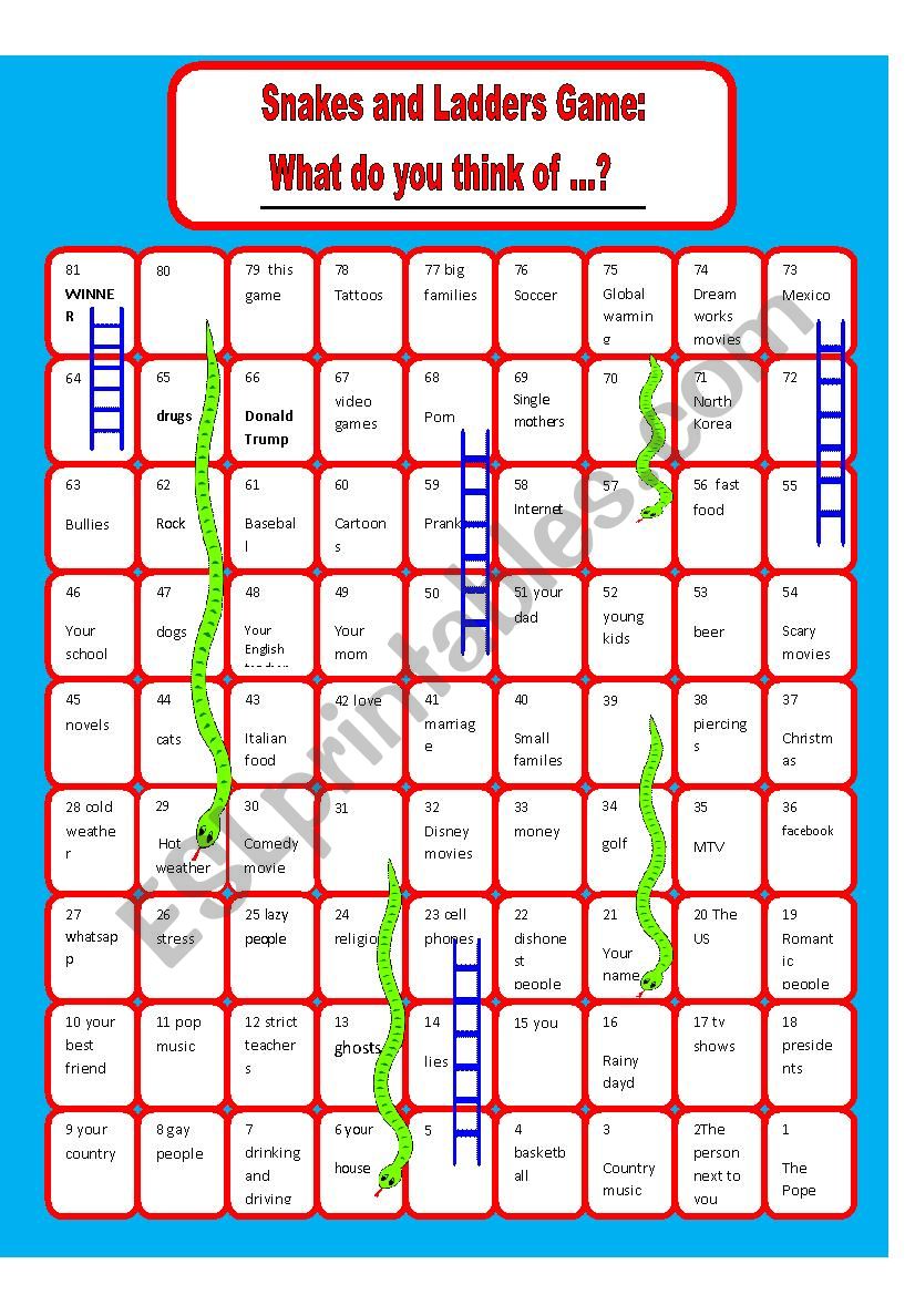 Snakes and ladders  speaking board game    WHAT DO YOU THINK OF..? ****60 MIN CLASS****