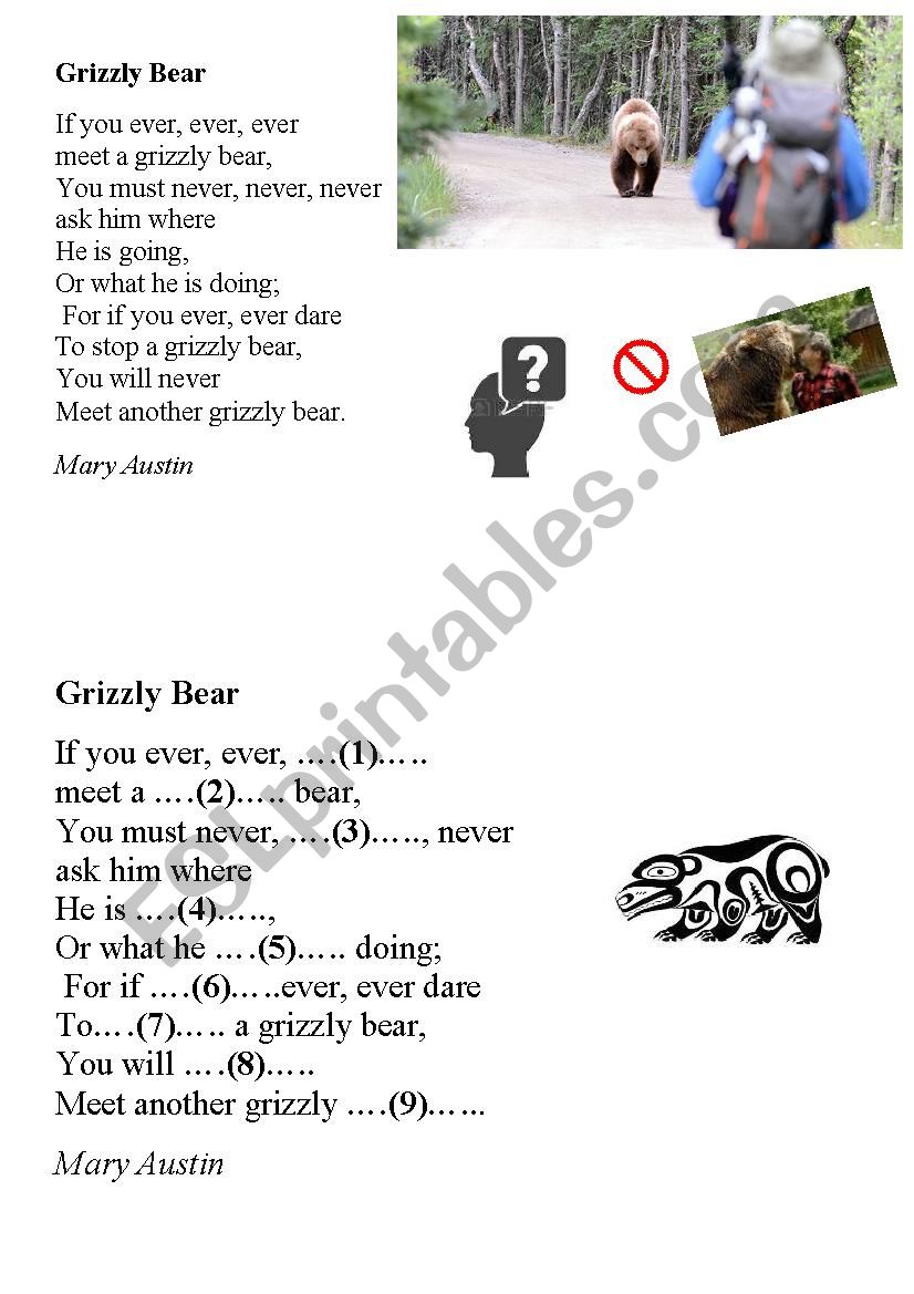 Grizzly bear poem worksheet