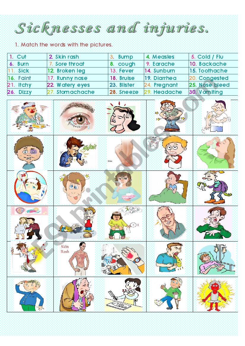 Sicknesses and injuries worksheet