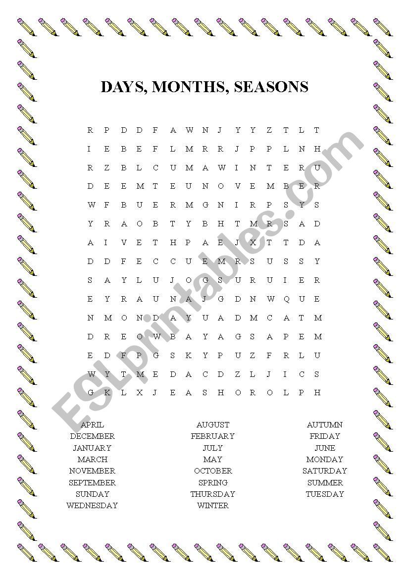 DAYS, MONTHS, SEASONS WORD SEARCH