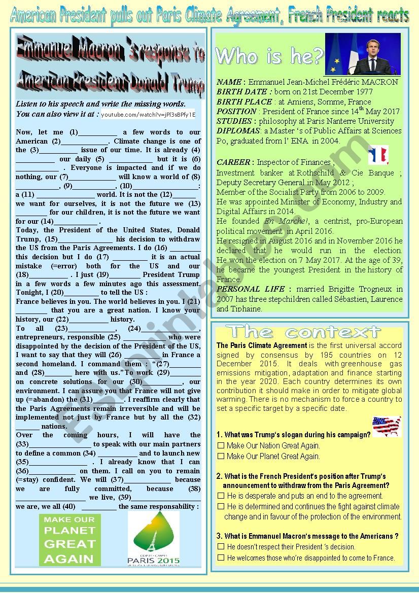 French President Â´s speech after Trump pulls out Paris Climate Agreement