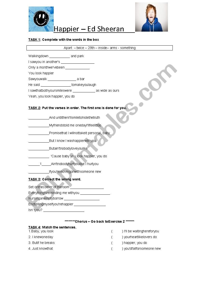 Song Happier by Ed Sheeran worksheet