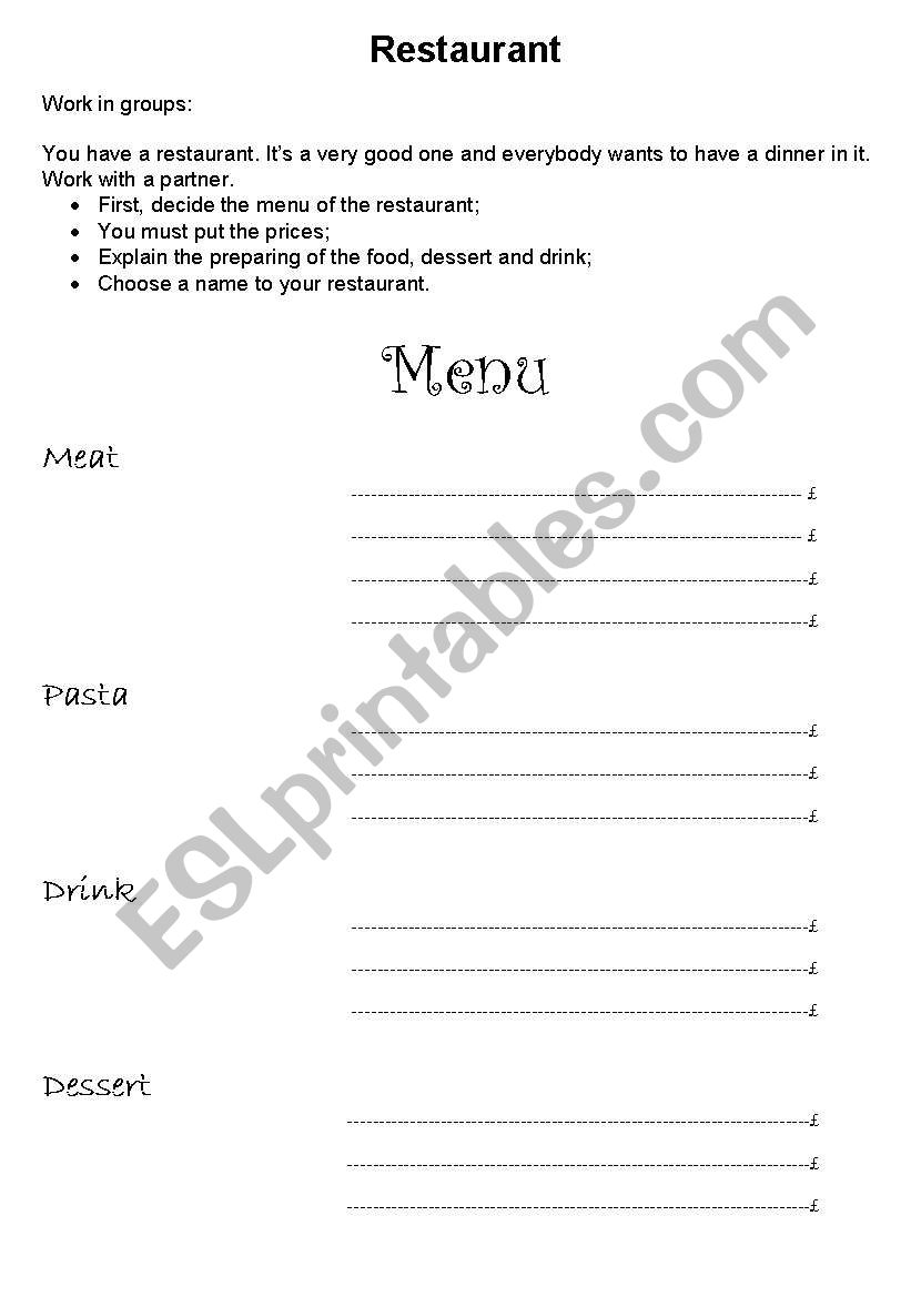 restaurant worksheet