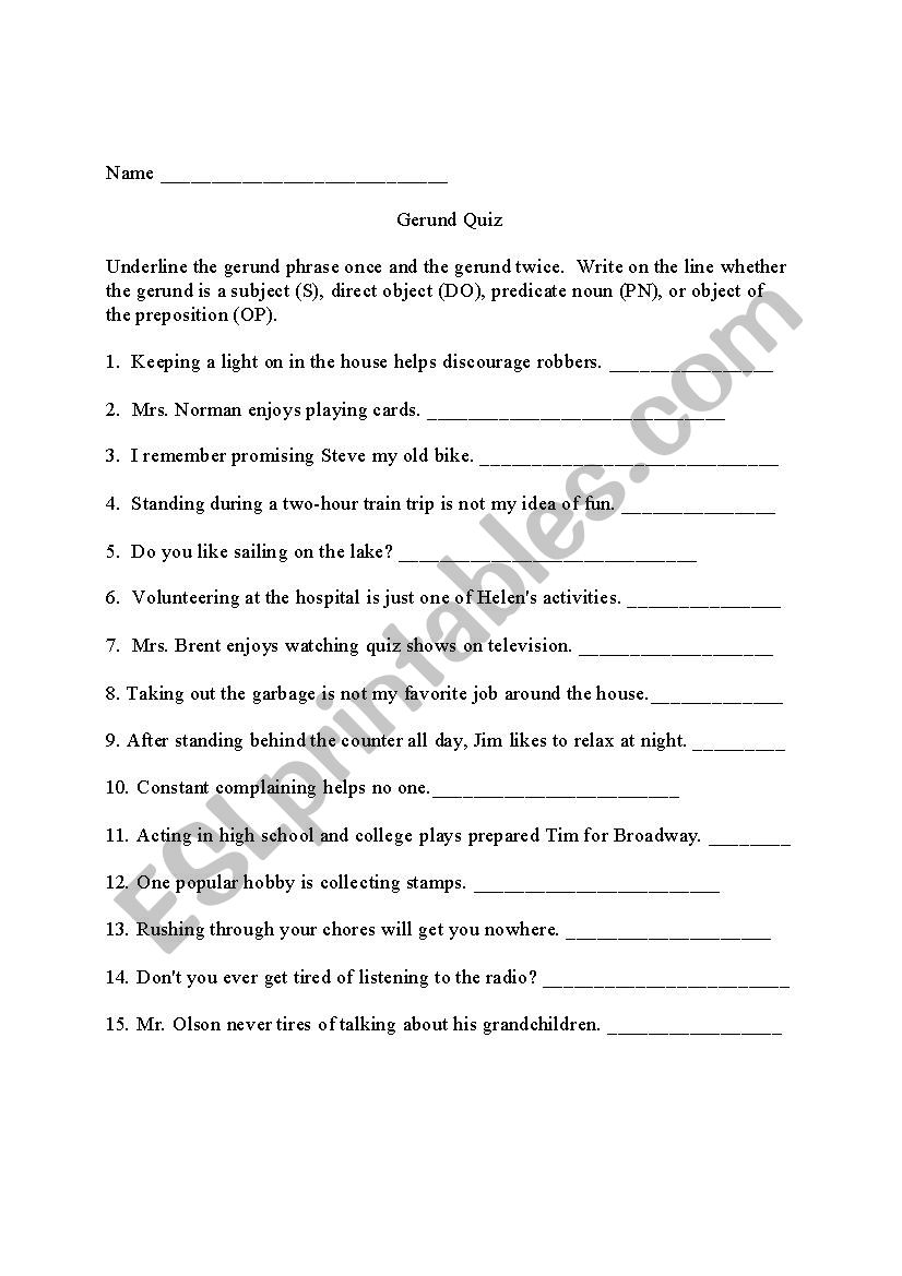Gerund quiz worksheet