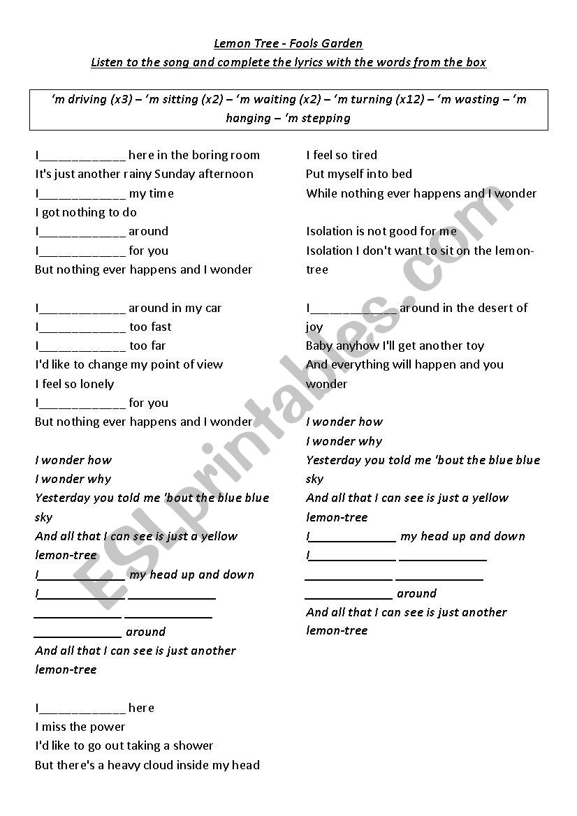 Lemon Tree - Fools Garden worksheet