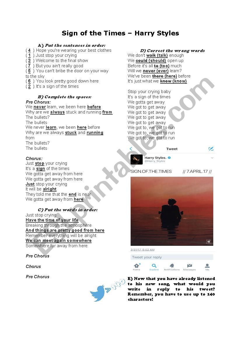 Sign Of The Times Harry Styles Answer Key Included Esl Worksheet By Fabriciocruz25
