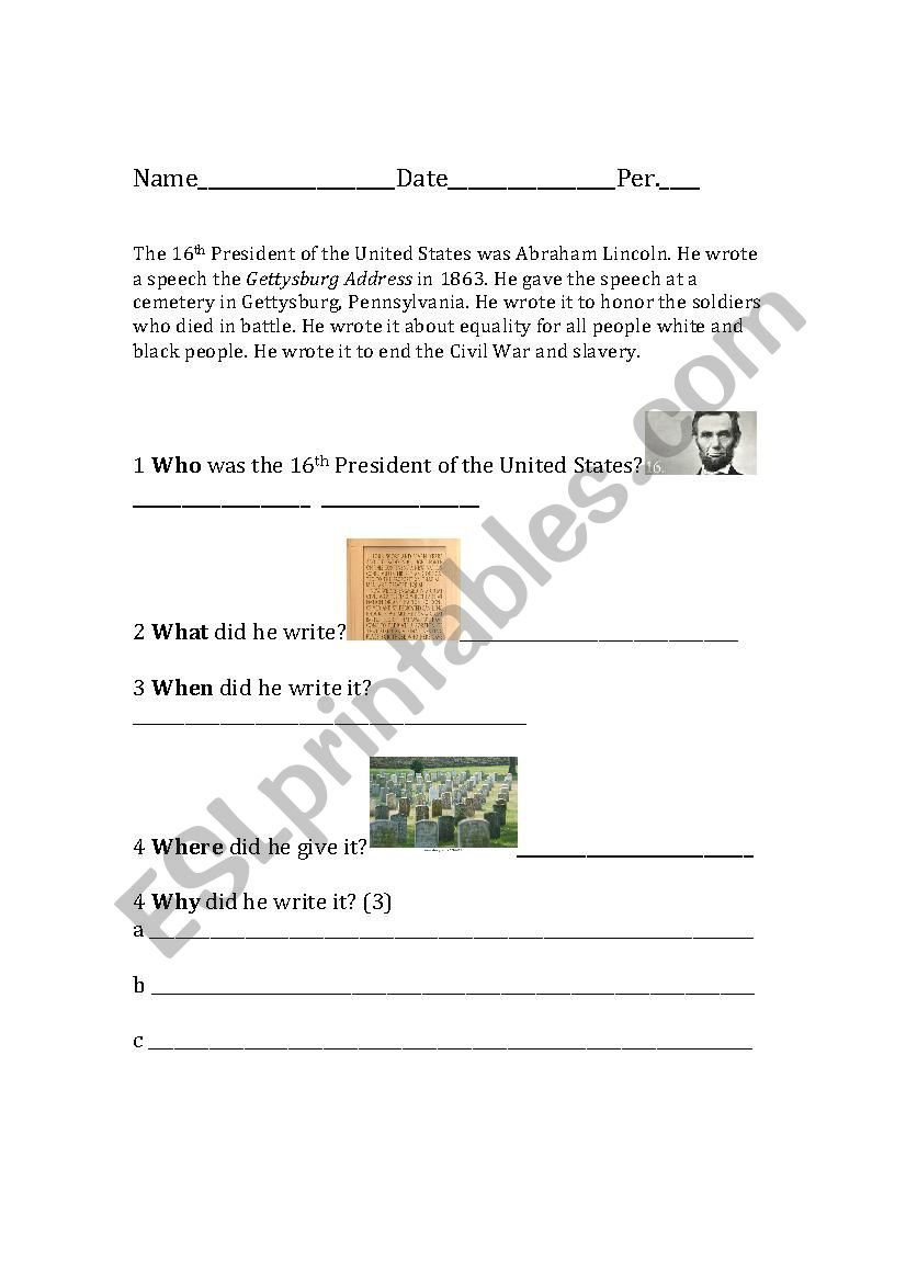 The Gettysburg Address worksheet