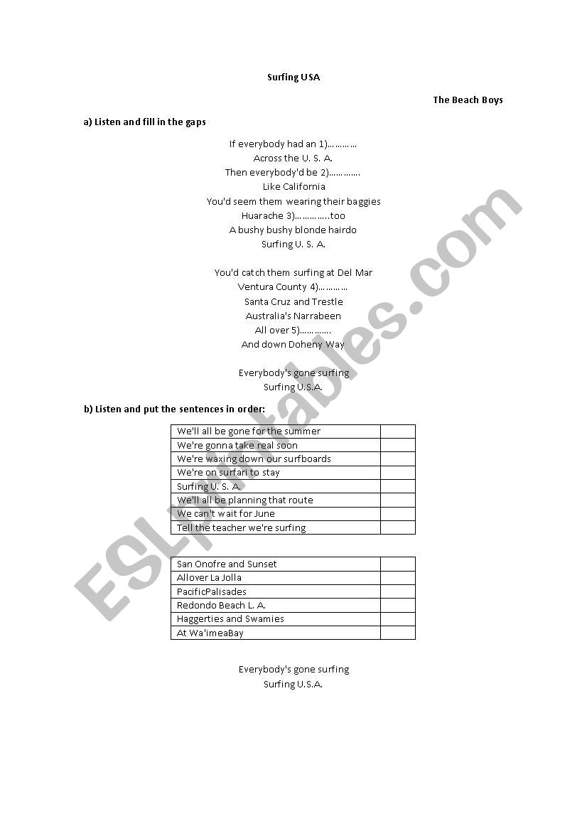 Surfing USA worksheet