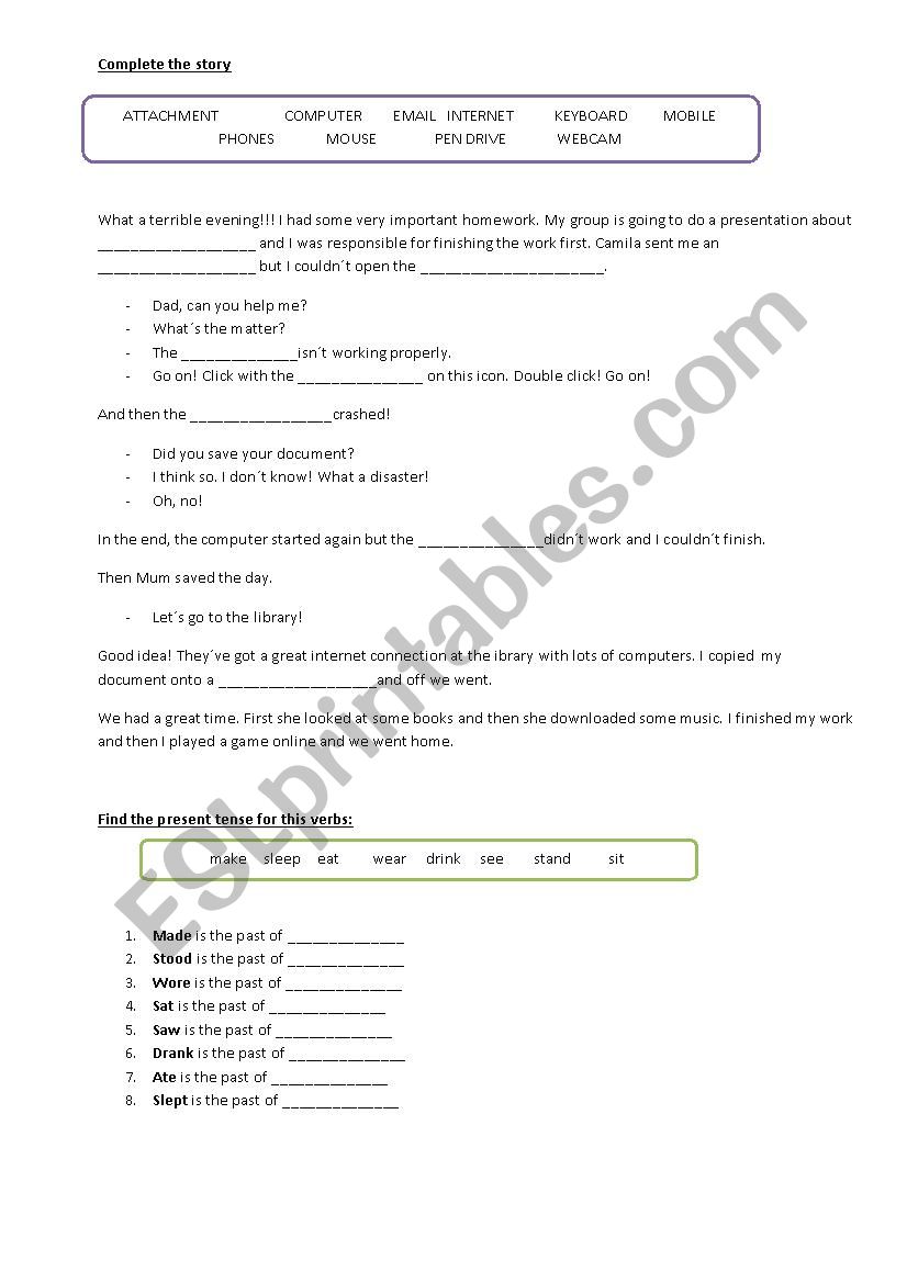 Past tenses and vocabulary worksheet