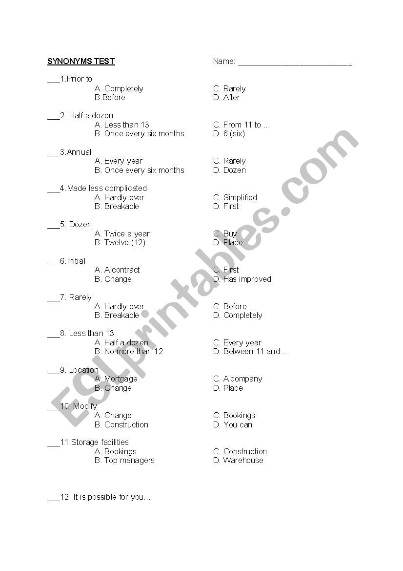 Synonyms Multiple Choice worksheet