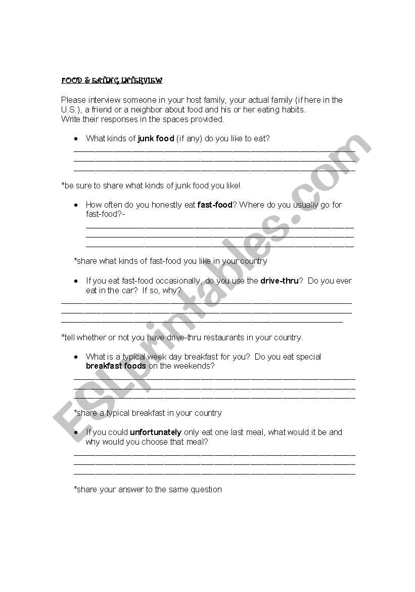food/eating interview worksheet