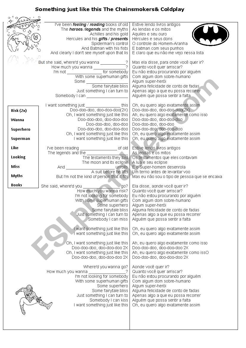 Song with gap-fill : Something just like this By The chainsmokers & Coldplay  - ESL worksheet by laula10