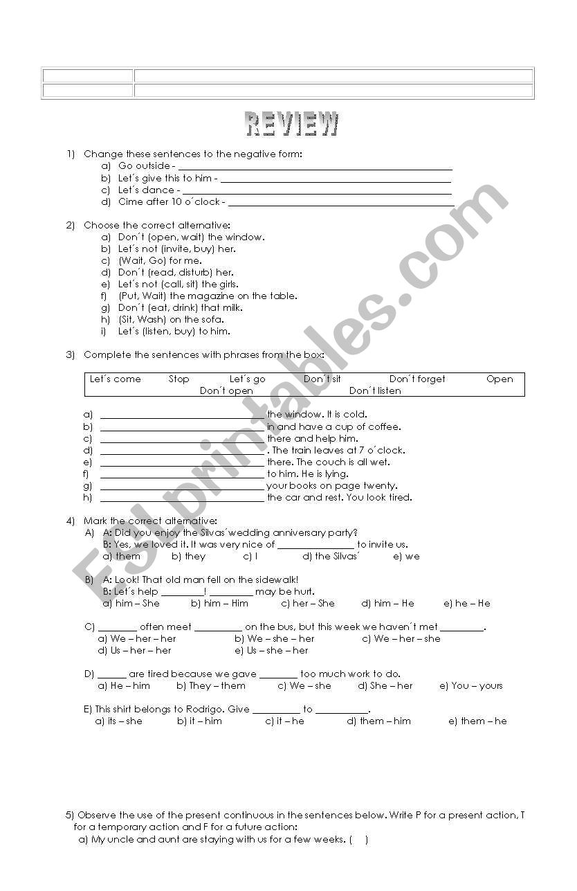 Elementary review worksheet