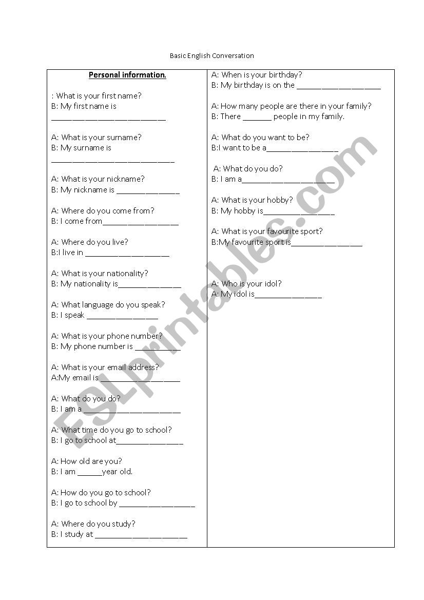 Basic English conversation worksheet