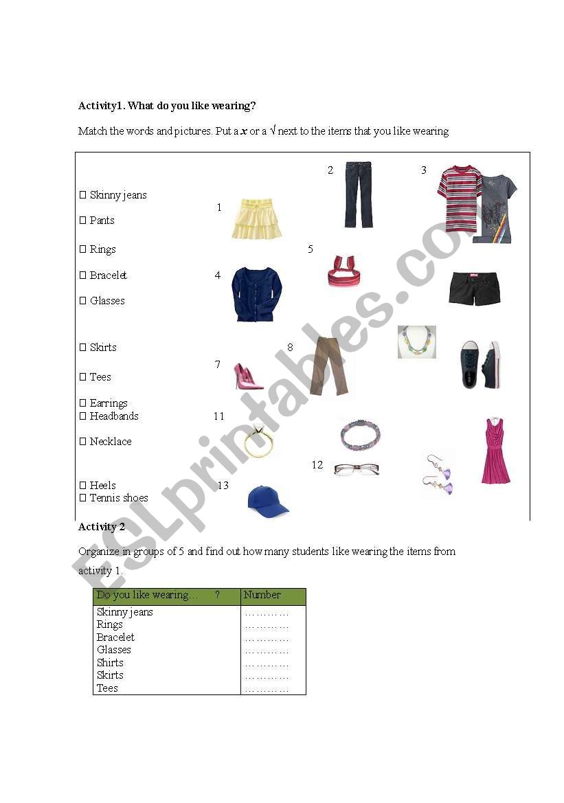 Clothing reading worksheet