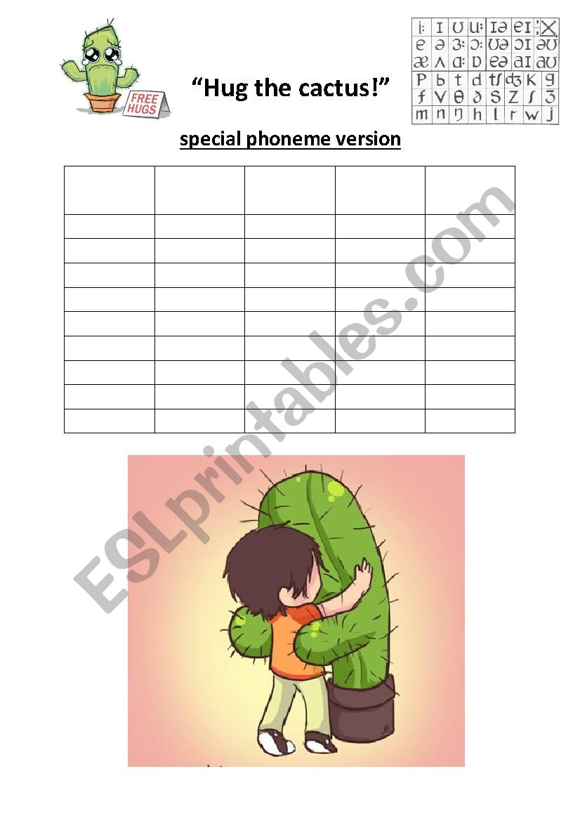 Hug the cactus - review game / filler / warmer - vocabulary and pronunciation - phonemes / phonemic script 