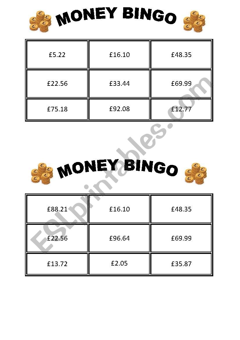 MONEY BINGO worksheet