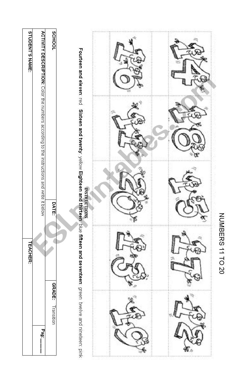 NUMBERS 11 TO 2O worksheet