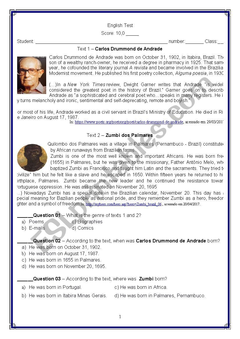 English test worksheet