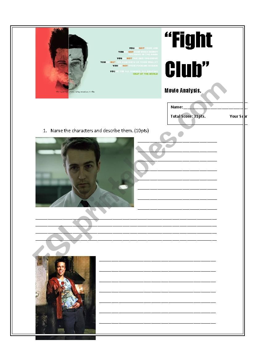Fight Club - Movie Worksheet worksheet