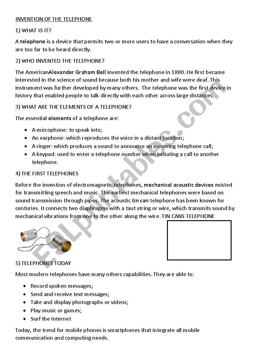 Invention of the telephone worksheet